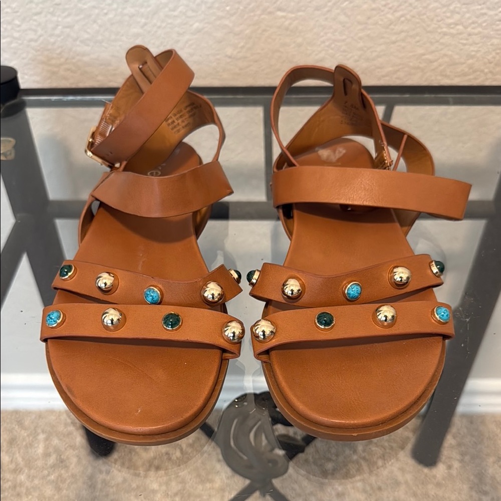 Kensie Brown Sandals with Turquoise Studs